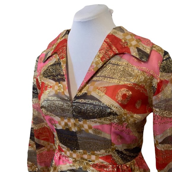 THE FIRECRACKER: 1960s Vintage Mod Knee-Length Chiffon Hostess Dress Gold Lamé - Picture 4 of 7